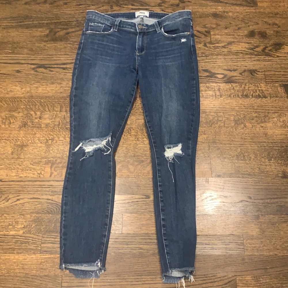 PAIGE Dark Blue Distressed Ankle Jeans